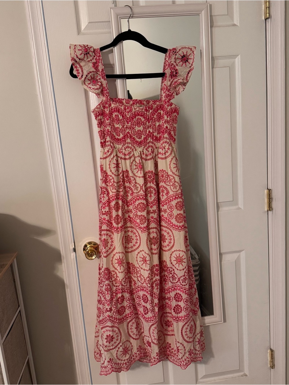 Smocked Midi Dress with Hot Pink Embroidered Details